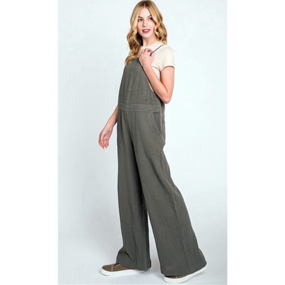 Elleborn Mineral Wash Jumpsuit Wide Leg Gauze Strappy Overalls Gray Sz S NWT - Picture 4 of 7